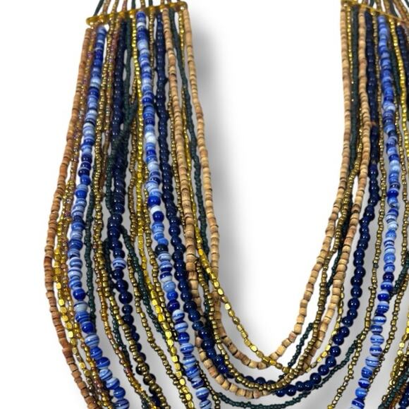 Chico’s Women’s Necklace Seed Bead Multi Strand Blue Navy Gold Tan 18” Length - Picture 6 of 10